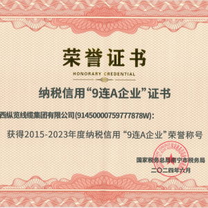 喜報(bào)！縱覽線纜集團(tuán)榮獲納稅信用“9連A企業(yè)”榮譽(yù)稱號(hào)